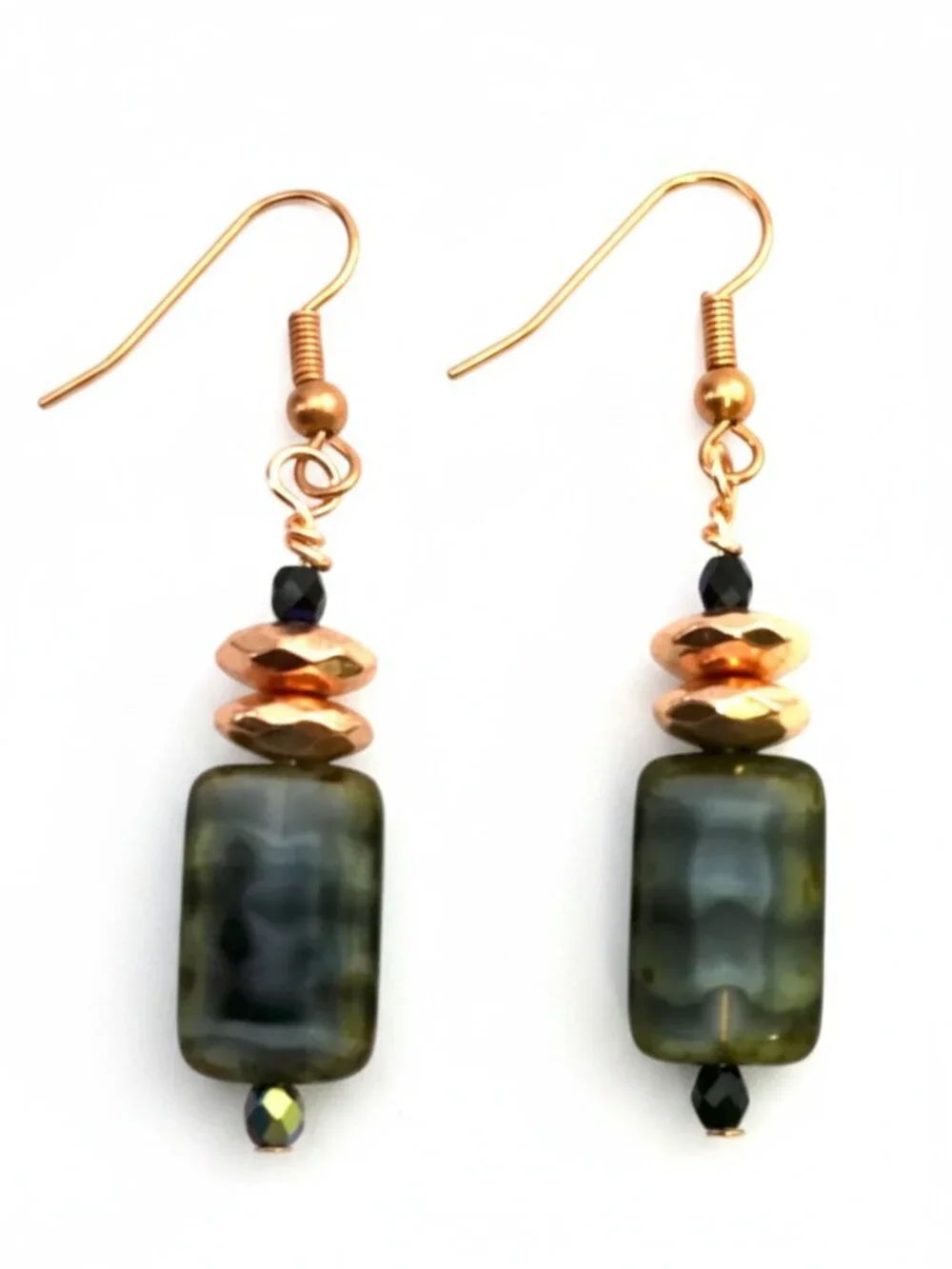 Moss Green Copper Earrings Blue Green Czech Glass Rustic Boho Handmade 2